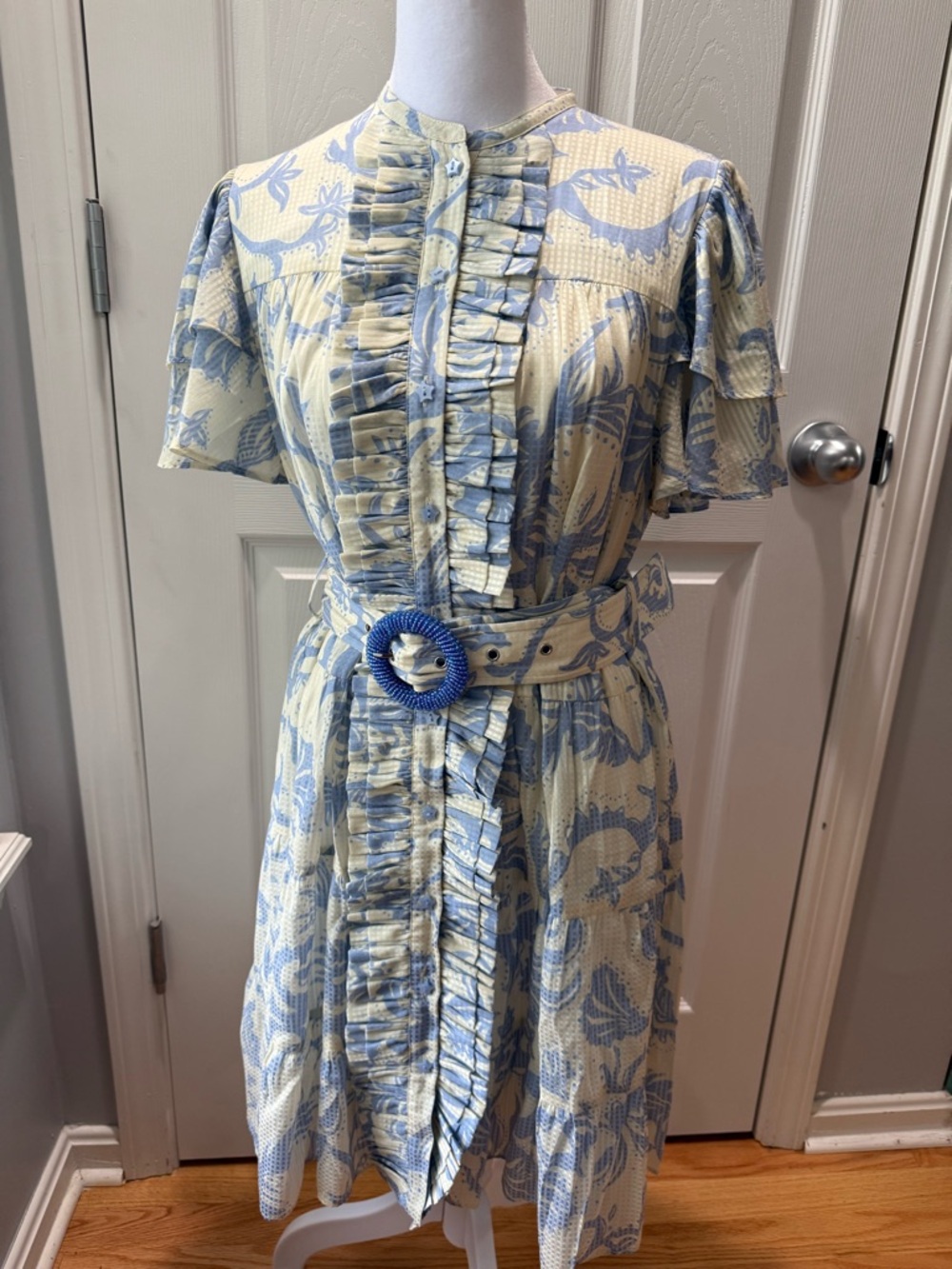 Alden Adair Light Blue Floral Ruffle Belted Mini Dress - Women's